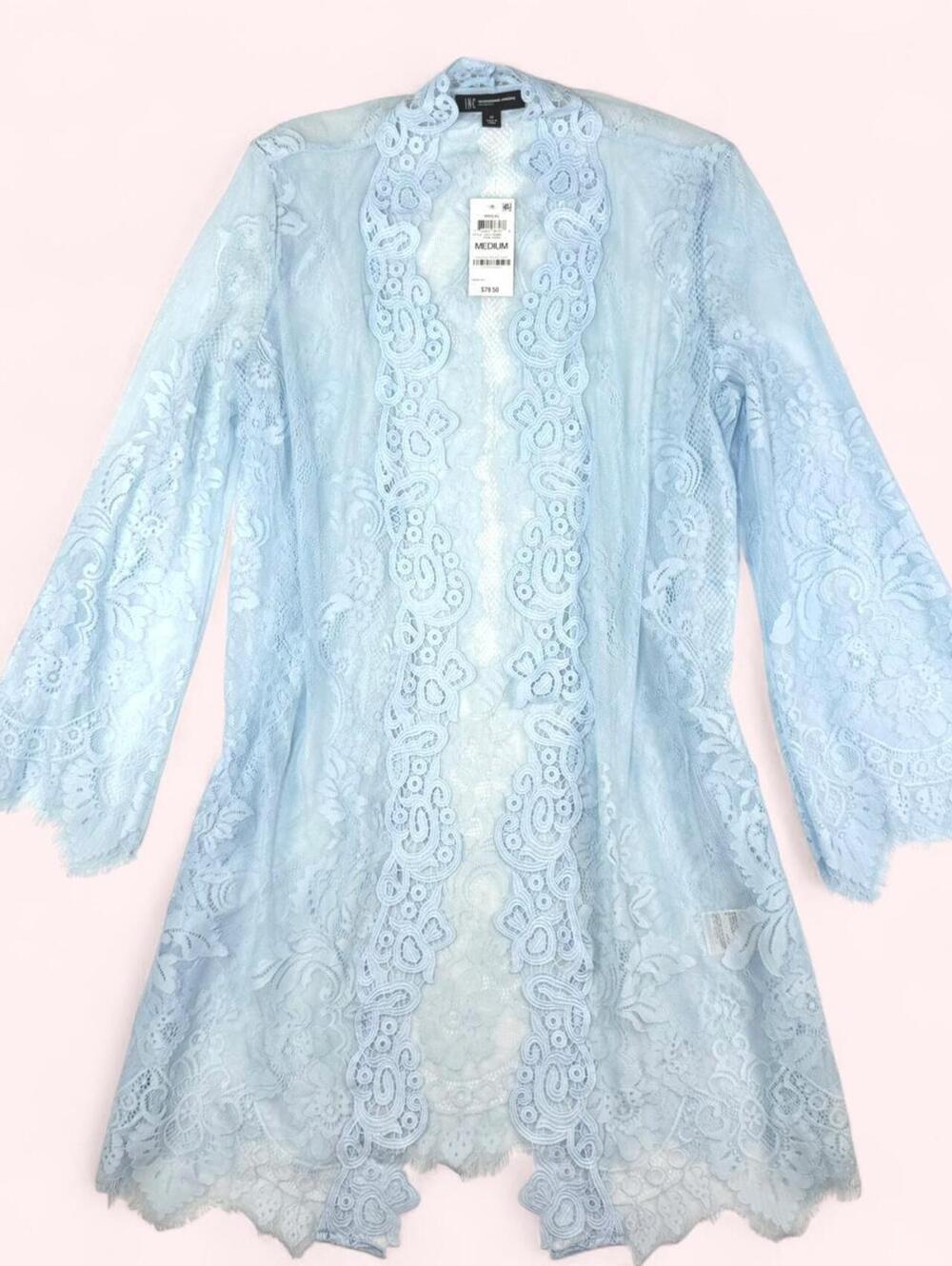 Light blue lace robe with fairy sleeves and open front.